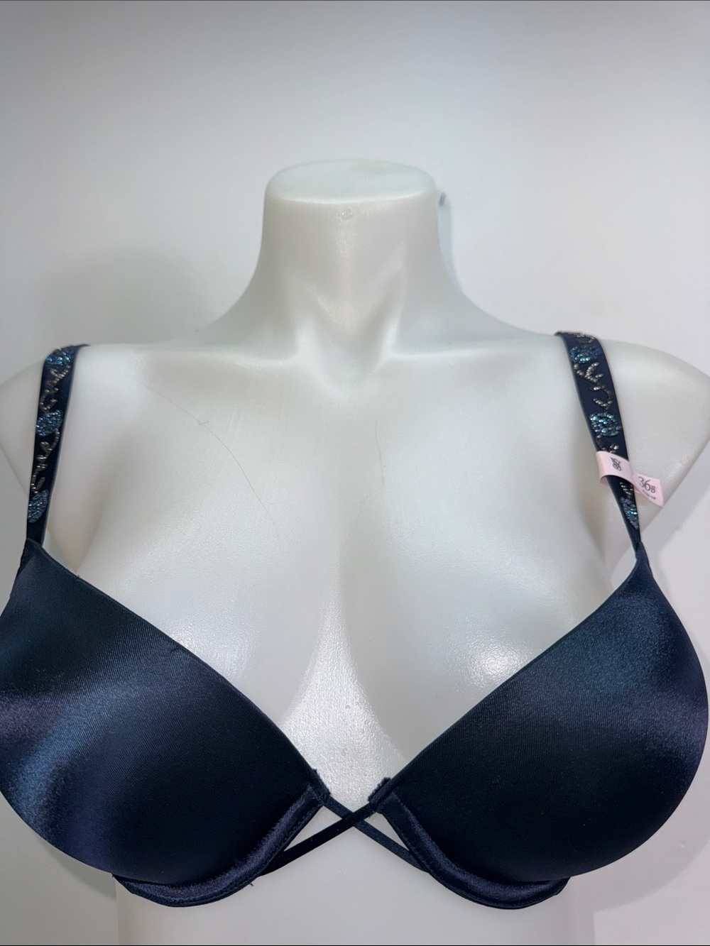 Victoria's Secret BOMBSHELL Navy Satin Push-Up Bra bling Straps sz 36B NWT